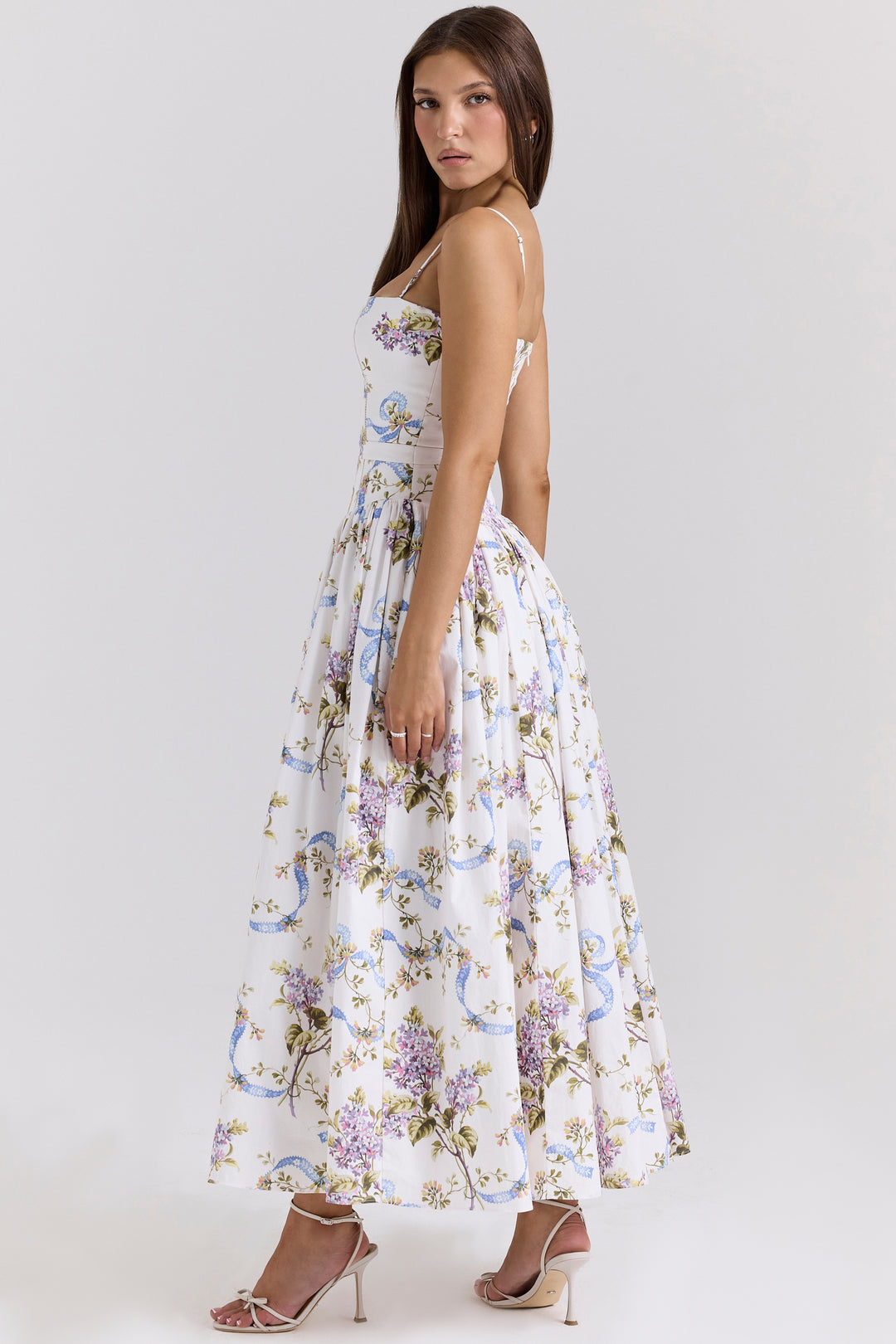 Women's Floral Thin Strap Maxi Dress with Straight Neckline and Full Skirt