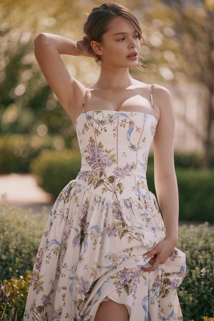 Women's Floral Thin Strap Maxi Dress with Straight Neckline and Full Skirt