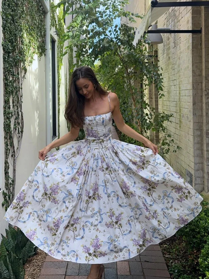 Women's Floral Thin Strap Maxi Dress with Straight Neckline and Full Skirt