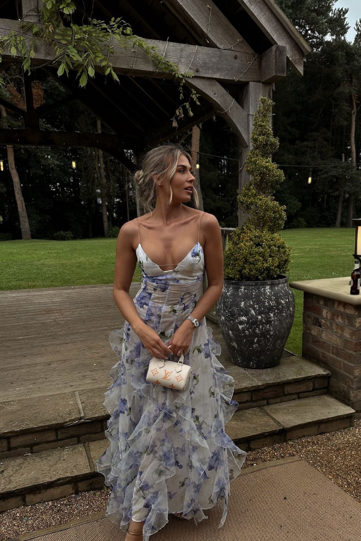 Women's Floral V-Neck Spaghetti Strap Maxi Dress with Layered Ruffle Skirt and Side Slit