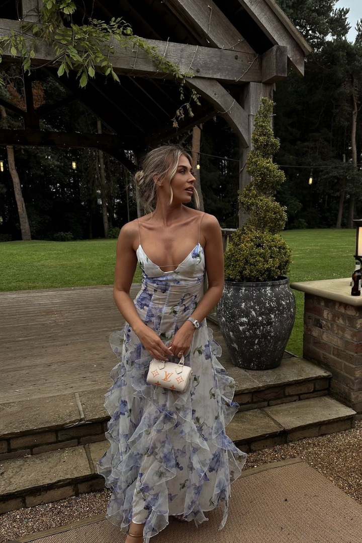 Women's Floral V-Neck Spaghetti Strap Maxi Dress with Layered Ruffle Skirt and Side Slit