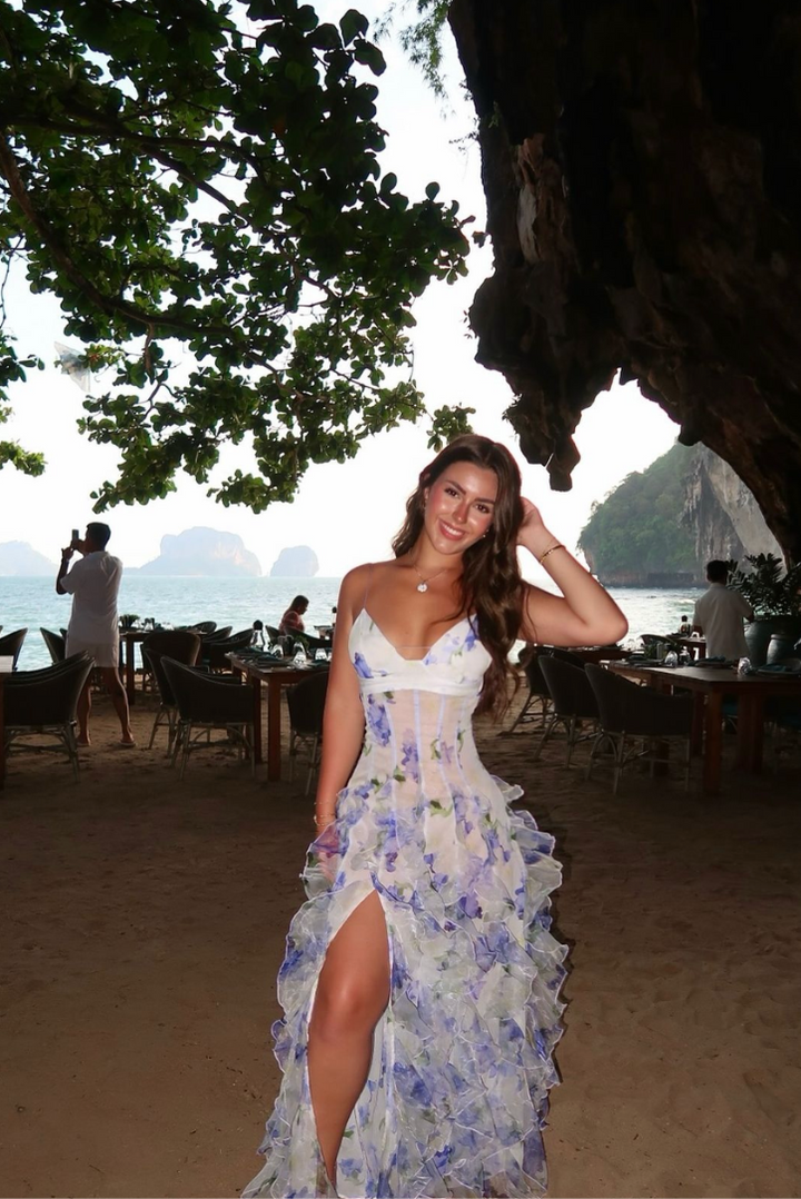 Women's Floral V-Neck Spaghetti Strap Maxi Dress with Layered Ruffle Skirt and Side Slit