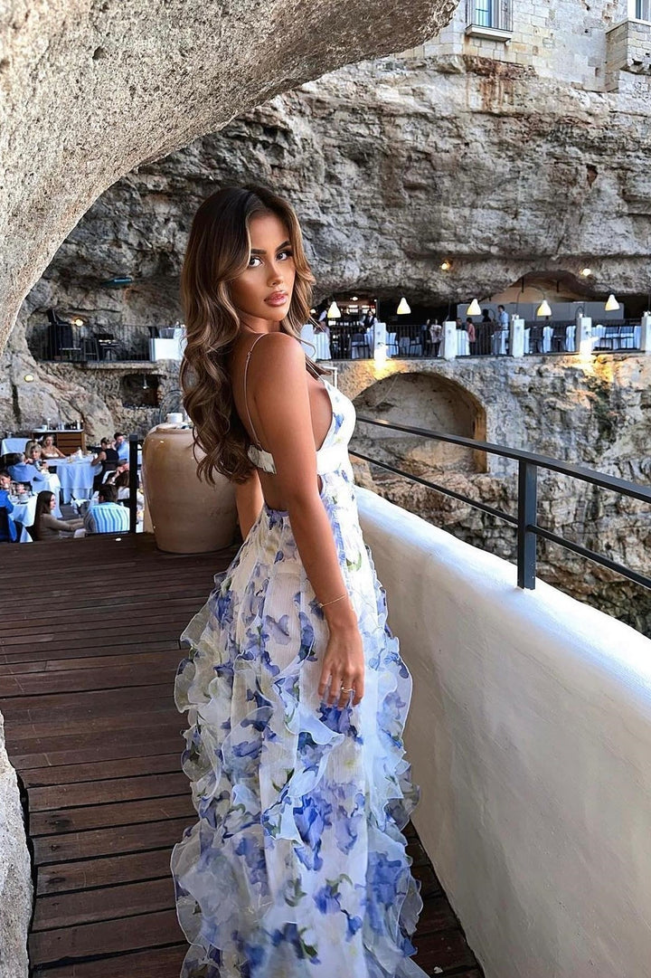 Women's Floral V-Neckline Maxi Dress with Cascading Ruffle Skirt and Open Back