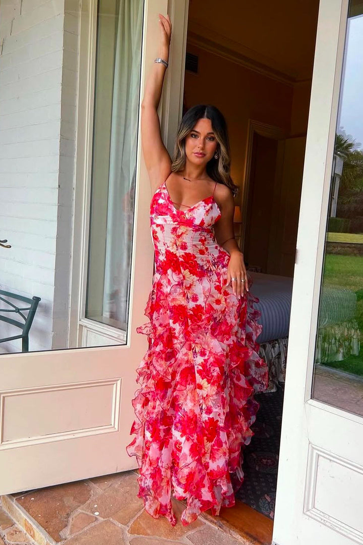 Women's Floral V-Neckline Maxi Dress with Cascading Ruffle Skirt and Open Back