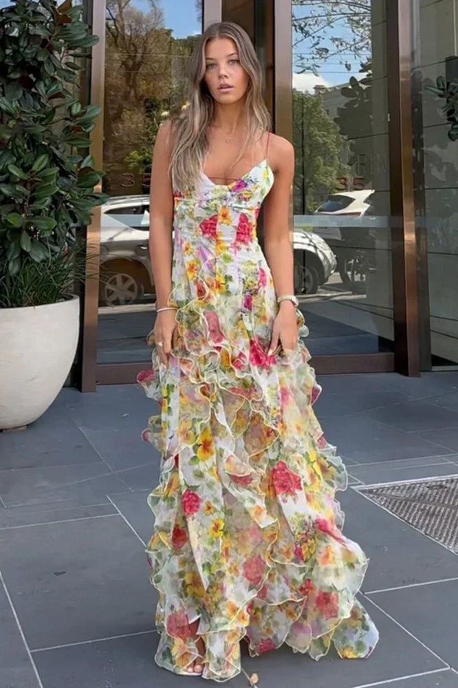 Women's Floral V-Neckline Maxi Dress with Cascading Ruffle Skirt and Open Back