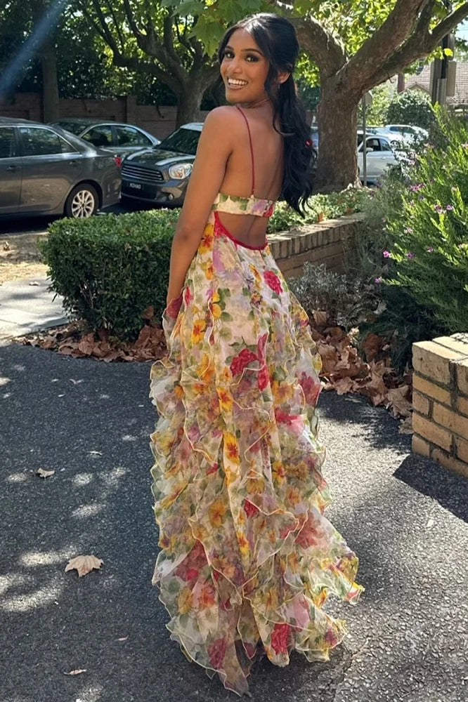 Women's Floral V-Neckline Maxi Dress with Cascading Ruffle Skirt and Open Back