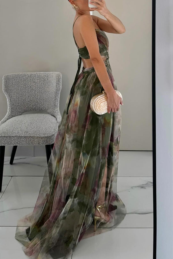 Women's Floral V-Neckline Maxi Dress with Spaghetti Straps and Crossover Bodice