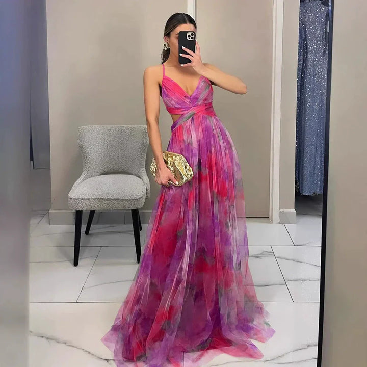 Women's Floral V-Neckline Maxi Dress with Spaghetti Straps and Crossover Bodice