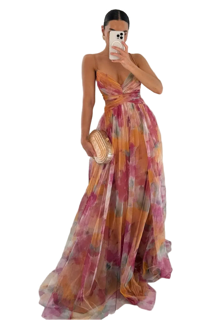 Women's Floral V-Neckline Maxi Dress with Spaghetti Straps and Crossover Bodice