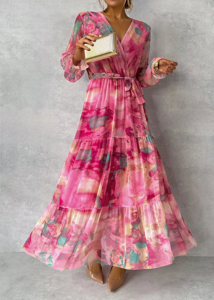 Women's Floral V-Neckline Wrap Maxi Dress with Long Sleeves and Tiered Skirt