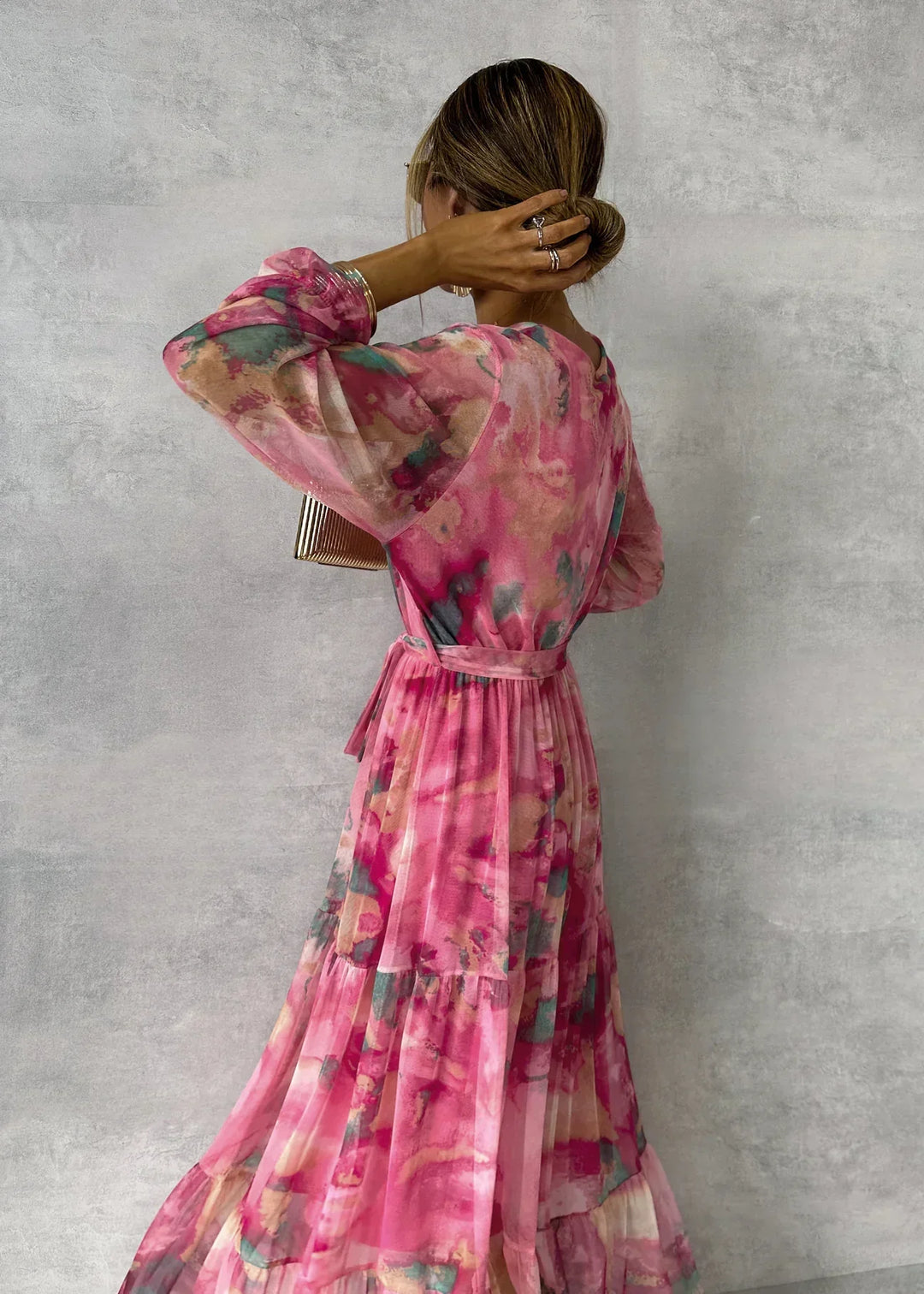 Women's Floral V-Neckline Wrap Maxi Dress with Long Sleeves and Tiered Skirt