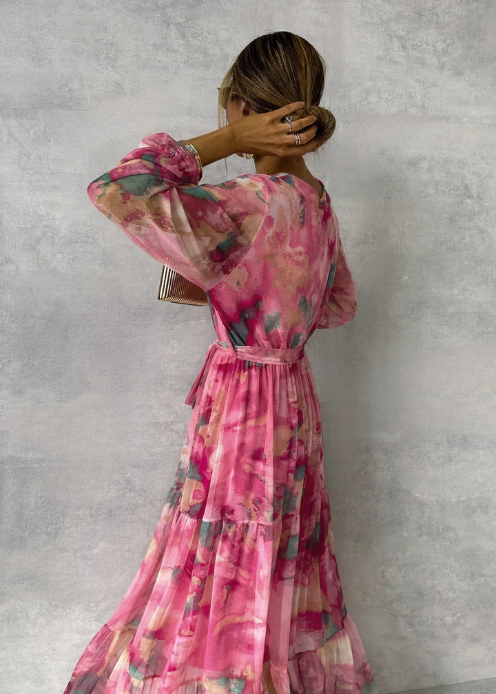 Women's Floral V-Neckline Wrap Maxi Dress with Long Sleeves and Tiered Skirt