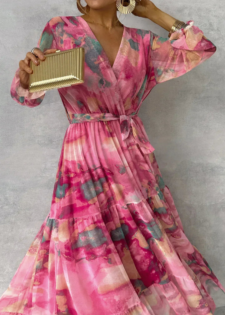Women's Floral V-Neckline Wrap Maxi Dress with Long Sleeves and Tiered Skirt