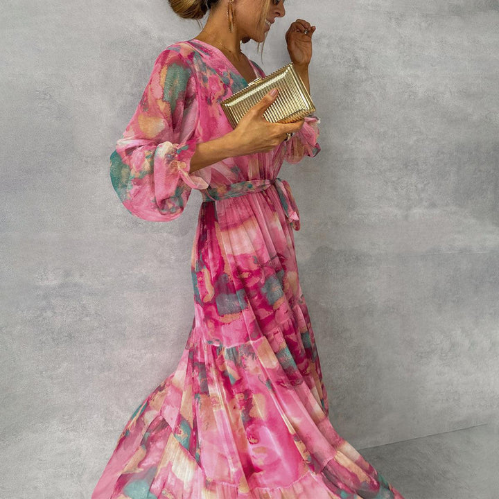 Women's Floral V-Neckline Wrap Maxi Dress with Long Sleeves and Tiered Skirt