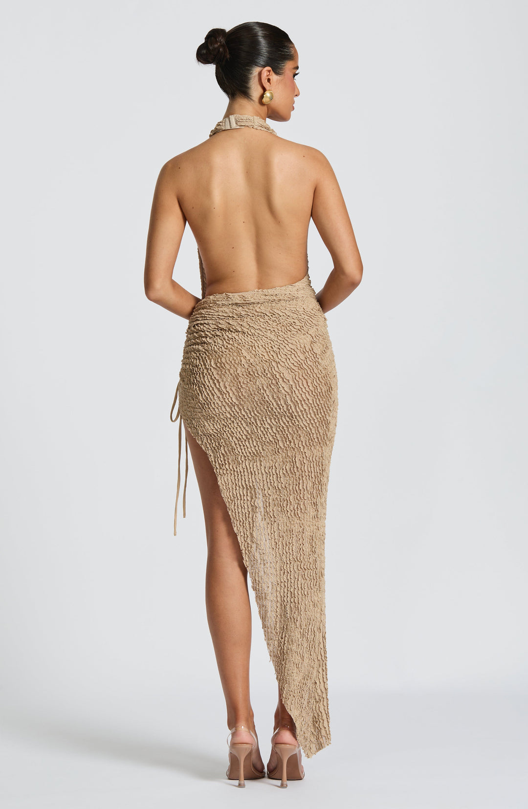 Women's Halter Neck Cowl Front Midi Dress with Asymmetric Hem and Side Drawstring