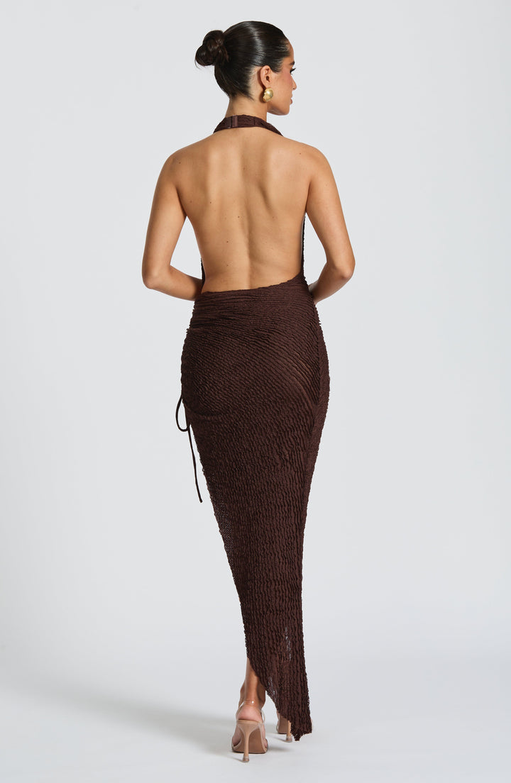 Women's Halter Neck Cowl Front Midi Dress with Asymmetric Hem and Side Drawstring