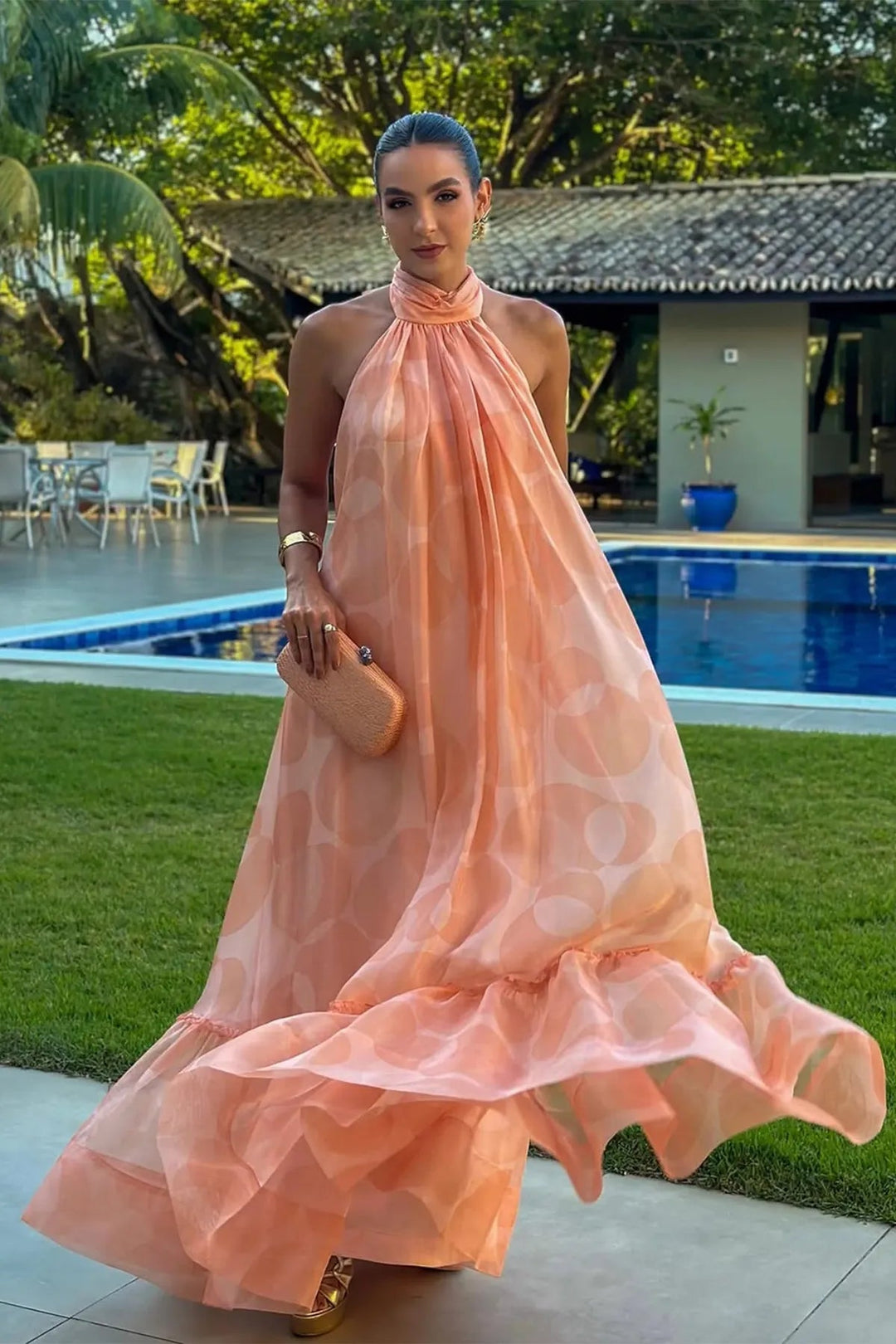 Women's Halter Neck Open Back Maxi Dress with Tie Closure and Tiered Hem