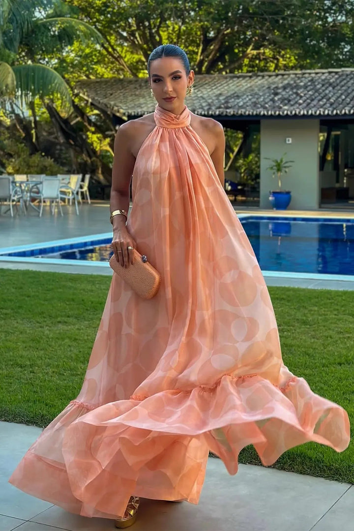 Women's Halter Neck Open Back Maxi Dress with Tie Closure and Tiered Hem