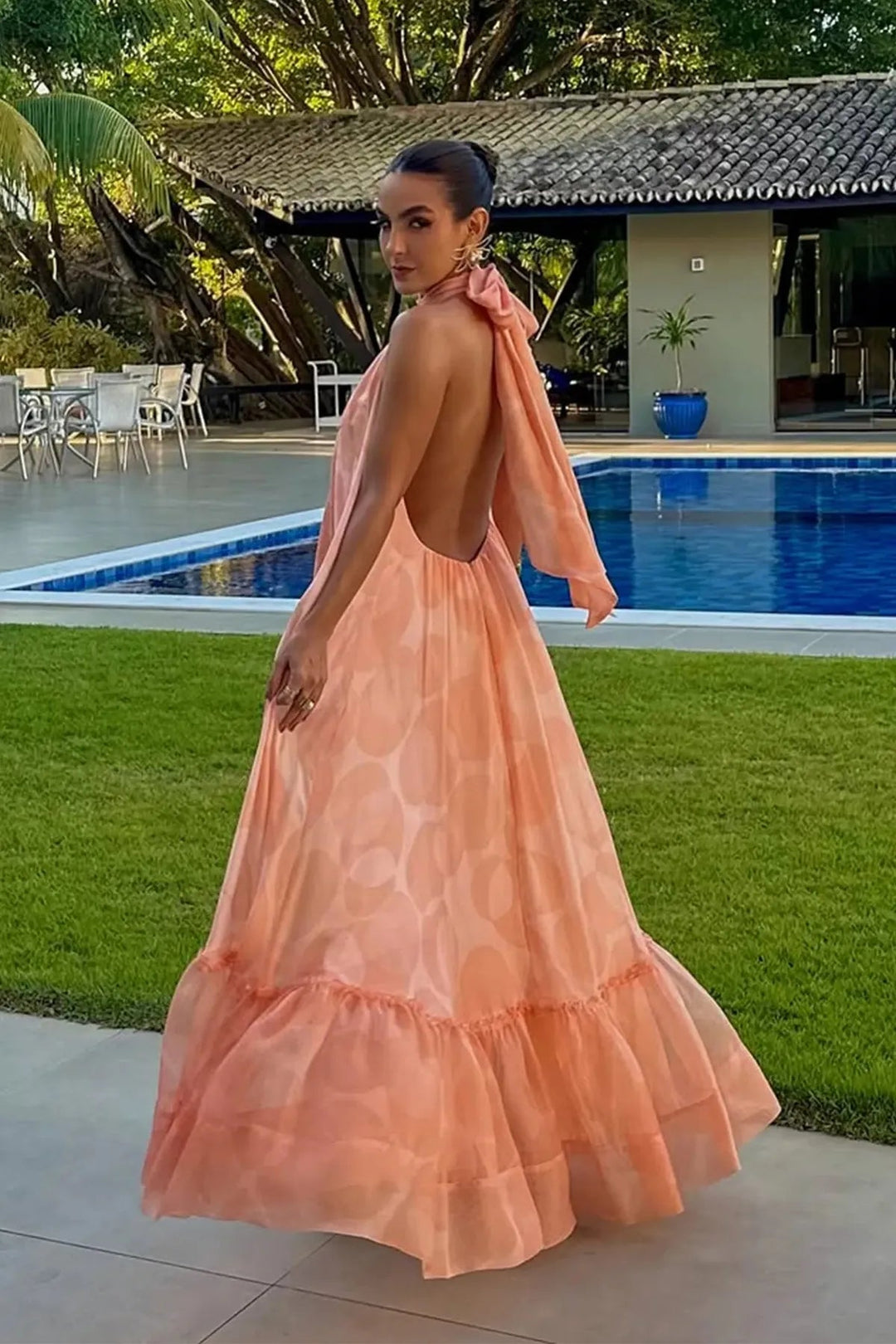 Women's Halter Neck Open Back Maxi Dress with Tie Closure and Tiered Hem