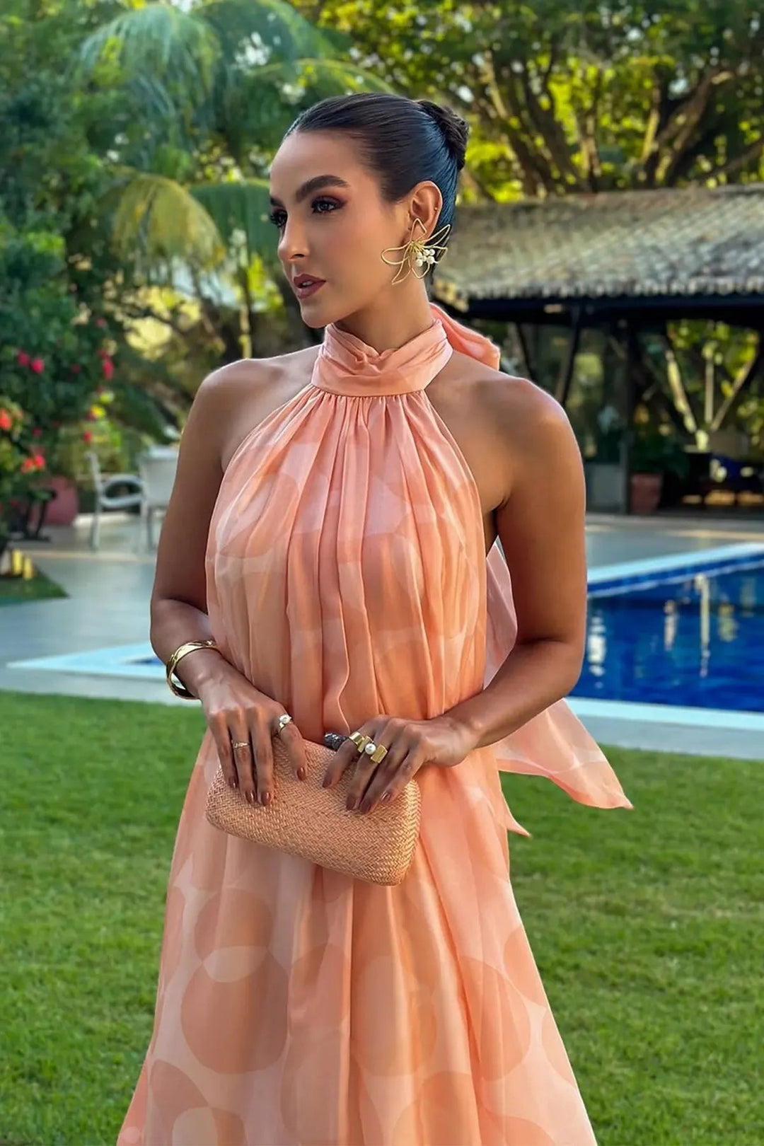 Women's Halter Neck Open Back Maxi Dress with Tie Closure and Tiered Hem
