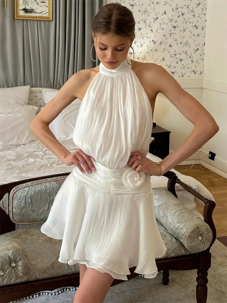 Women's Halter Neck Open Back Mini Dress with Gathered Bodice and Tiered Ruffle Skirt