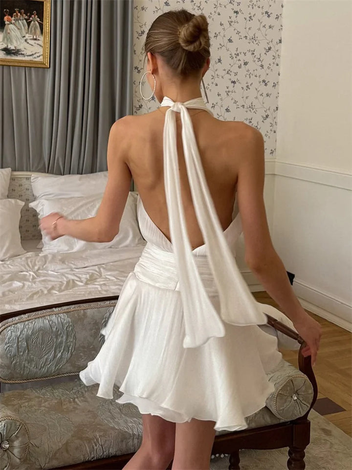 Women's Halter Neck Open Back Mini Dress with Gathered Bodice and Tiered Ruffle Skirt
