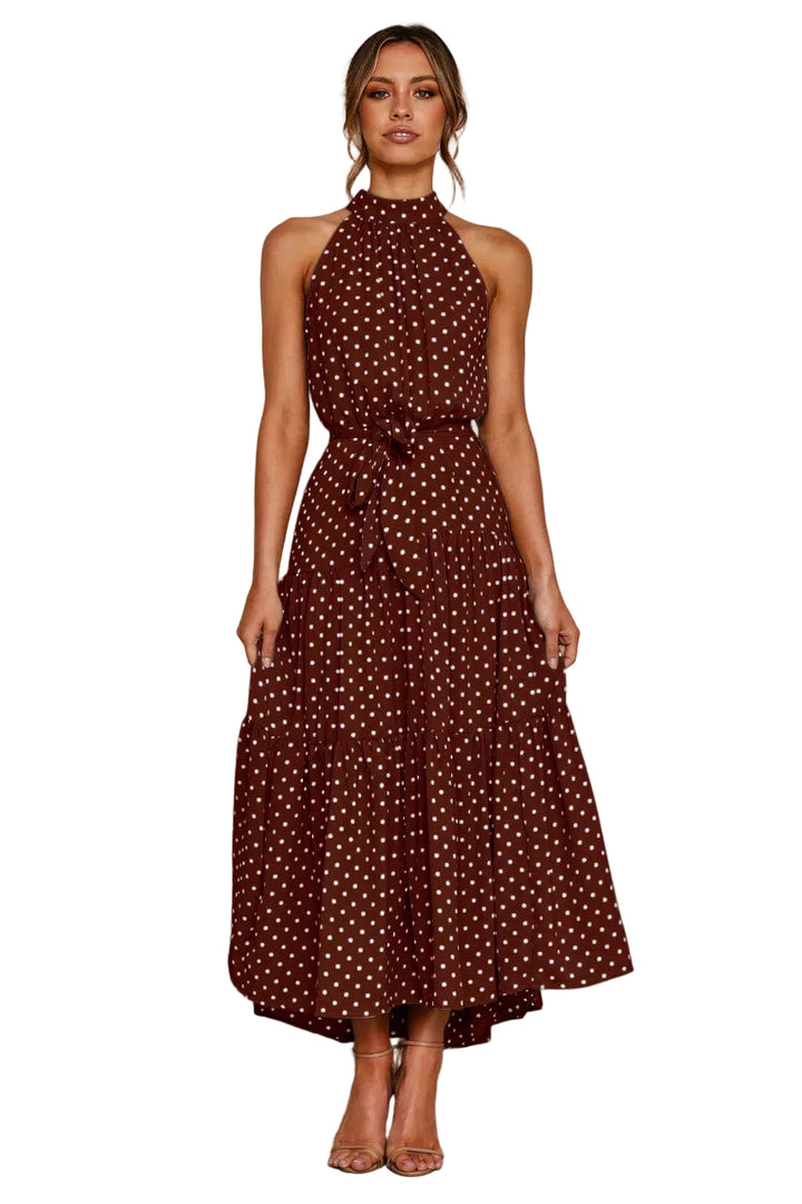 Women's Halter Neck Sleeveless Polka Dot Maxi Dress with Waist Tie and Tiered Skirt