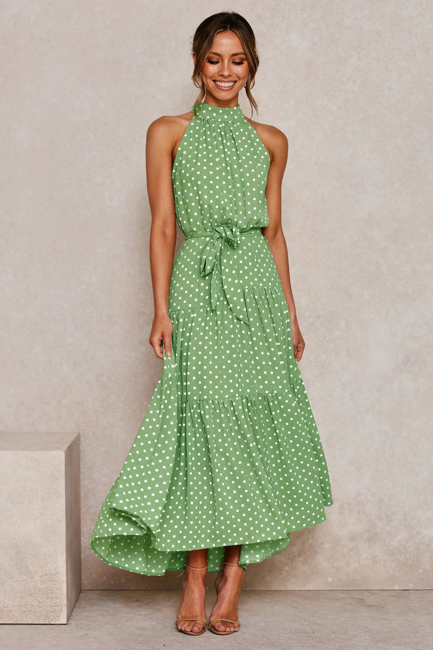 Women's Halter Neck Sleeveless Polka Dot Maxi Dress with Waist Tie and Tiered Skirt