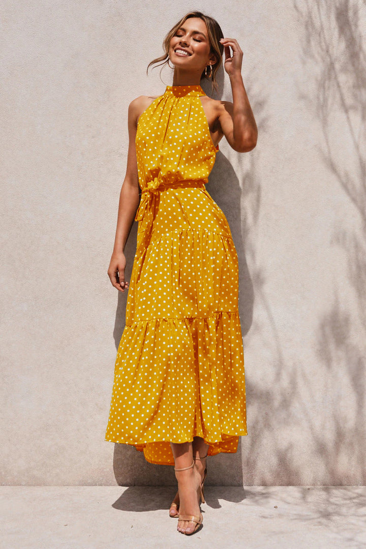 Women's Halter Neck Sleeveless Polka Dot Maxi Dress with Waist Tie and Tiered Skirt