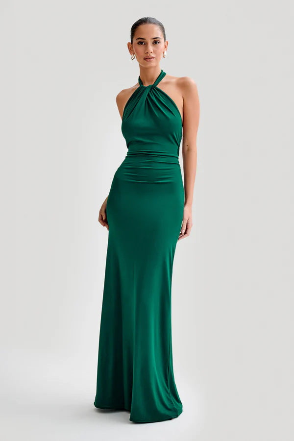 Women's Halter Neck Twisted Knot Maxi Dress with Ruched Waist and Open Back