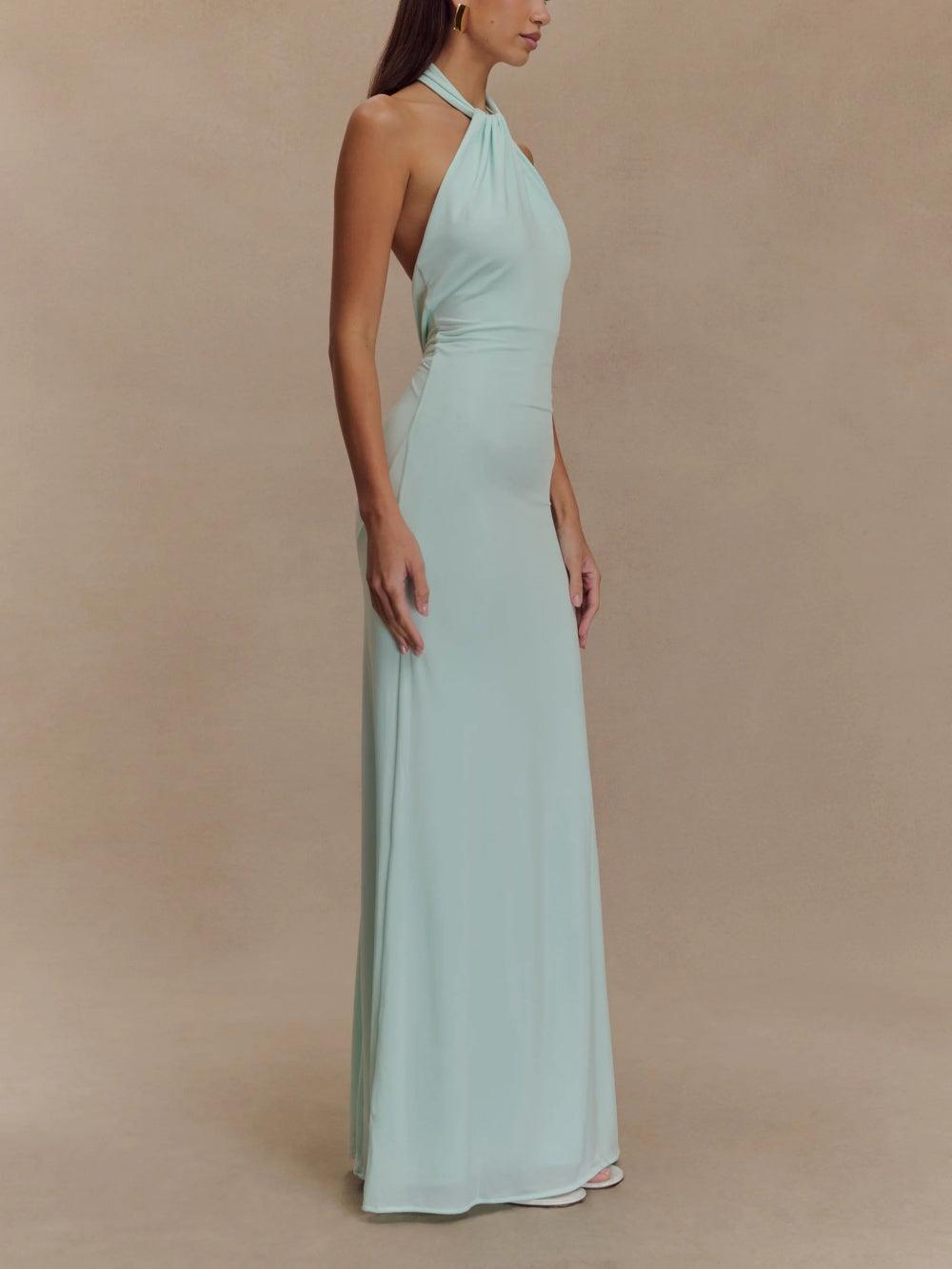 Women's Halter Neck Twisted Knot Maxi Dress with Ruched Waist and Open Back