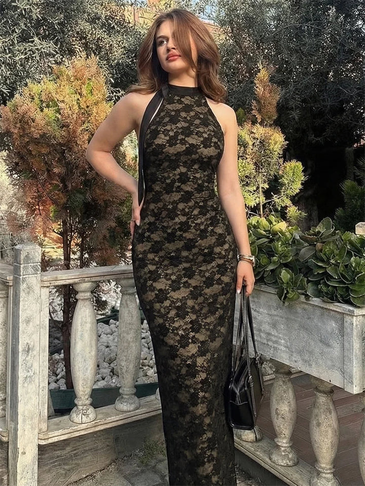 Women's Halter Neckline Lace Surface Maxi Dress with Open Back and Front Slit