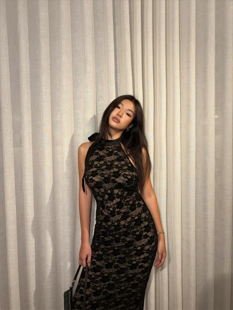 Women's Halter Neckline Lace Surface Maxi Dress with Open Back and Front Slit