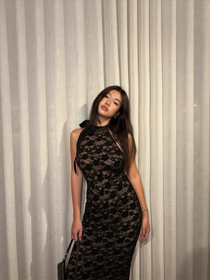 Women's Halter Neckline Lace Surface Maxi Dress with Open Back and Front Slit