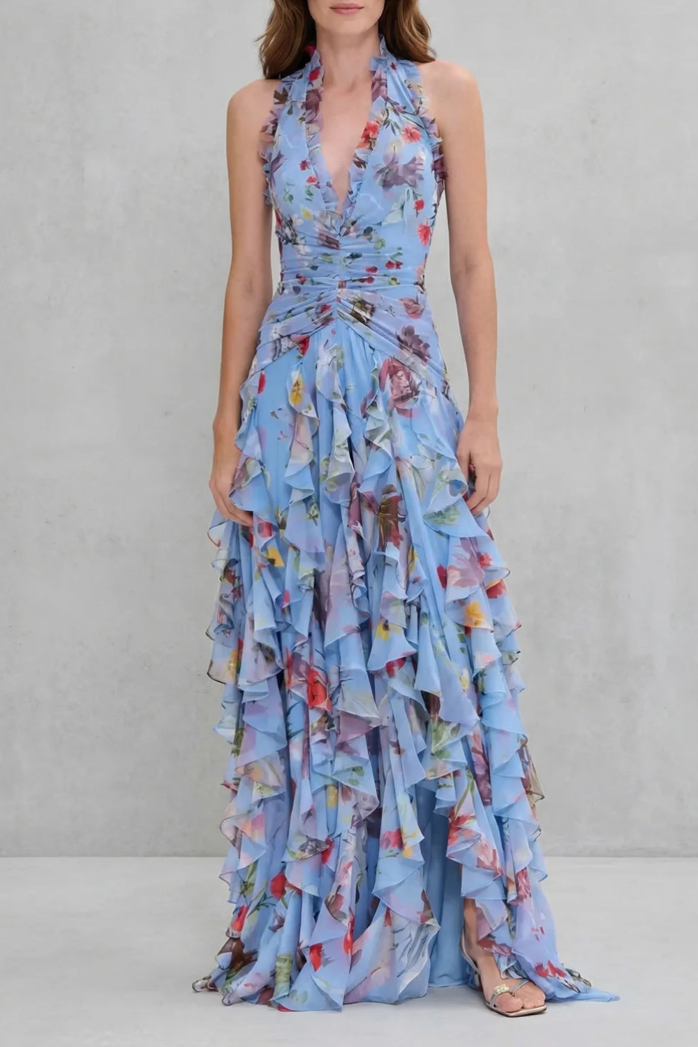 Women's Halter V-Neckline Maxi Dress with Ruched Waist and Layered Ruffle Skirt