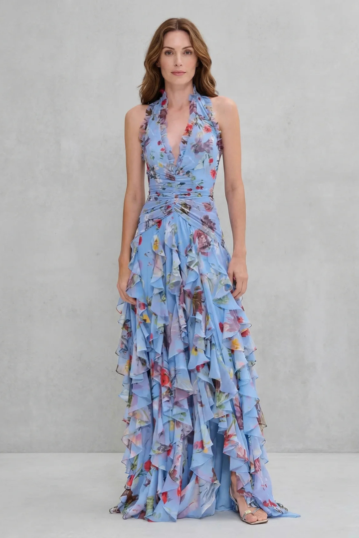 Women's Halter V-Neckline Maxi Dress with Ruched Waist and Layered Ruffle Skirt