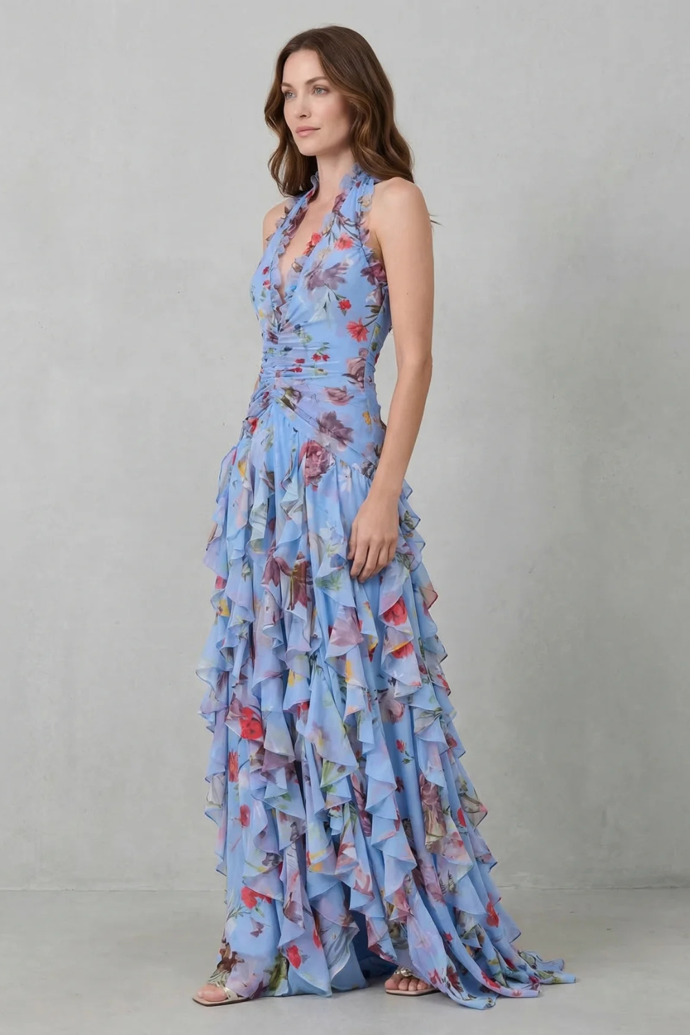 Women's Halter V-Neckline Maxi Dress with Ruched Waist and Layered Ruffle Skirt