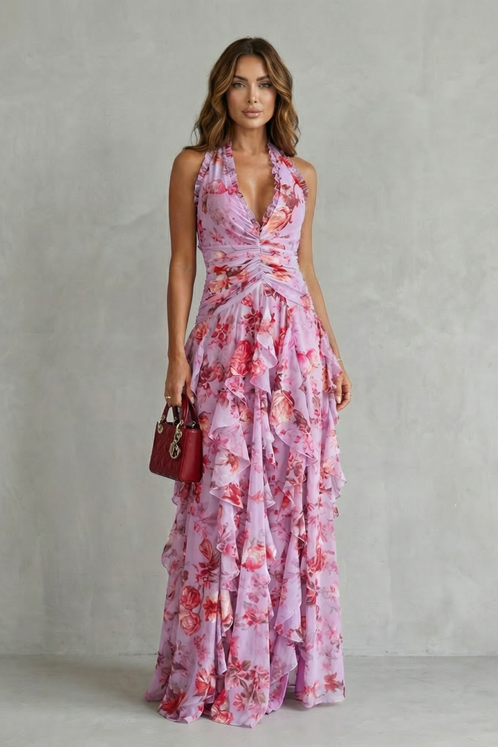 Women's Halter V-Neckline Maxi Dress with Ruched Waist and Layered Ruffle Skirt