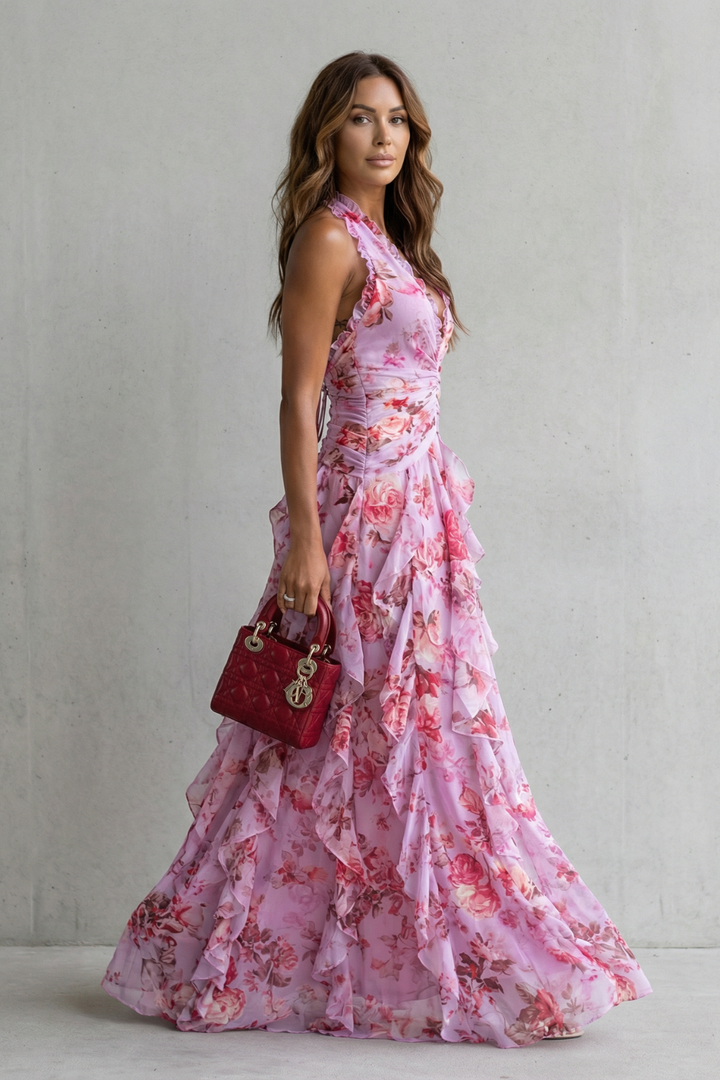 Women's Halter V-Neckline Maxi Dress with Ruched Waist and Layered Ruffle Skirt