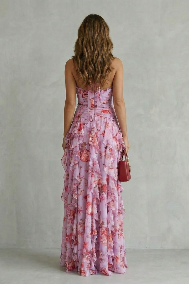 Women's Halter V-Neckline Maxi Dress with Ruched Waist and Layered Ruffle Skirt
