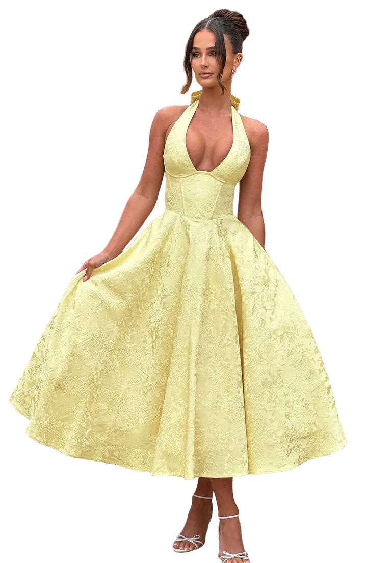 Women's Halterneck Plunging V-Neckline Midi Dress with Lace-Up Back and Full Skirt