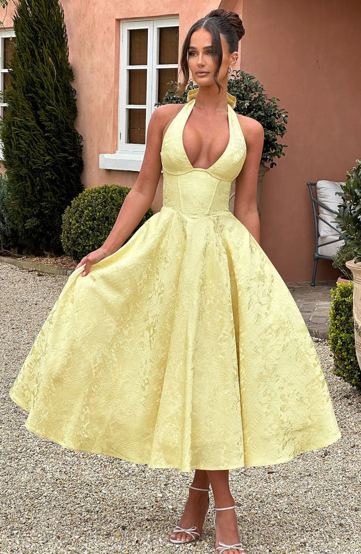 Women's Halterneck Plunging V-Neckline Midi Dress with Lace-Up Back and Full Skirt