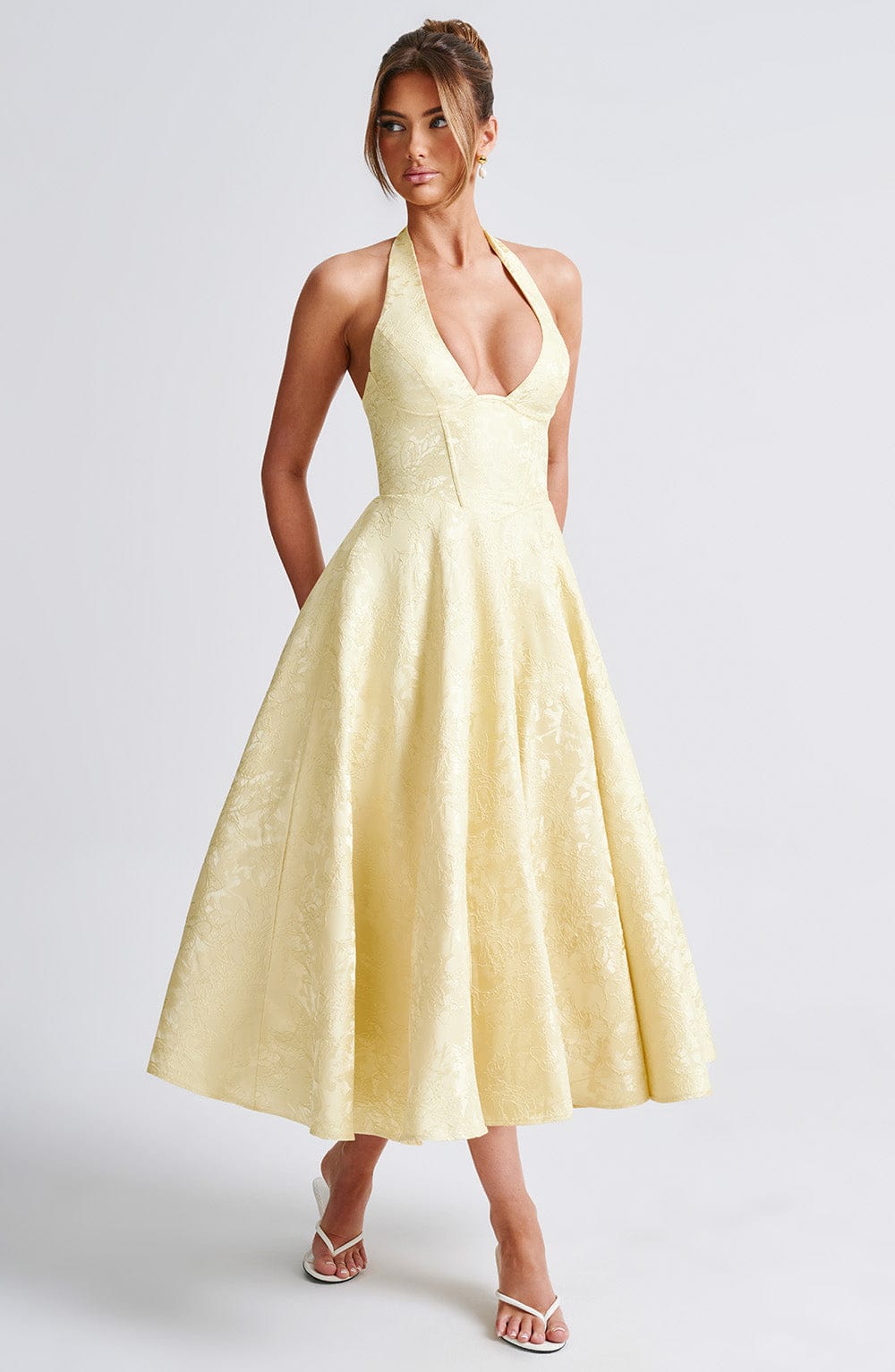 Women's Halterneck Plunging V-Neckline Midi Dress with Lace-Up Back and Full Skirt