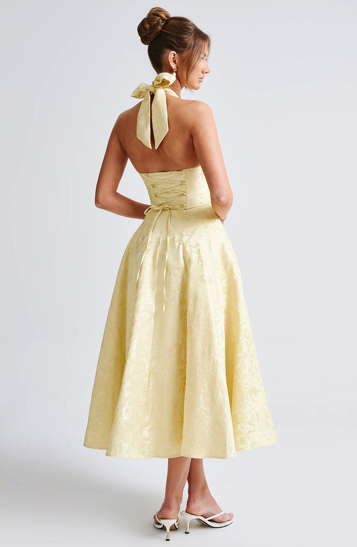 Women's Halterneck Plunging V-Neckline Midi Dress with Lace-Up Back and Full Skirt