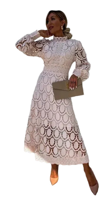 Women's High Neck Long Sleeve Lace Midi Dress with Scalloped Hem