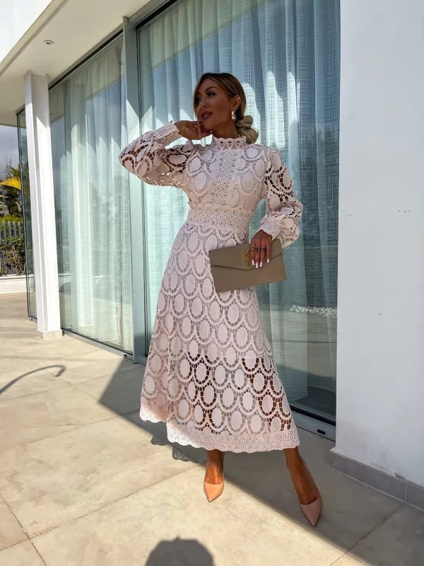 Women's High Neck Long Sleeve Lace Midi Dress with Scalloped Hem