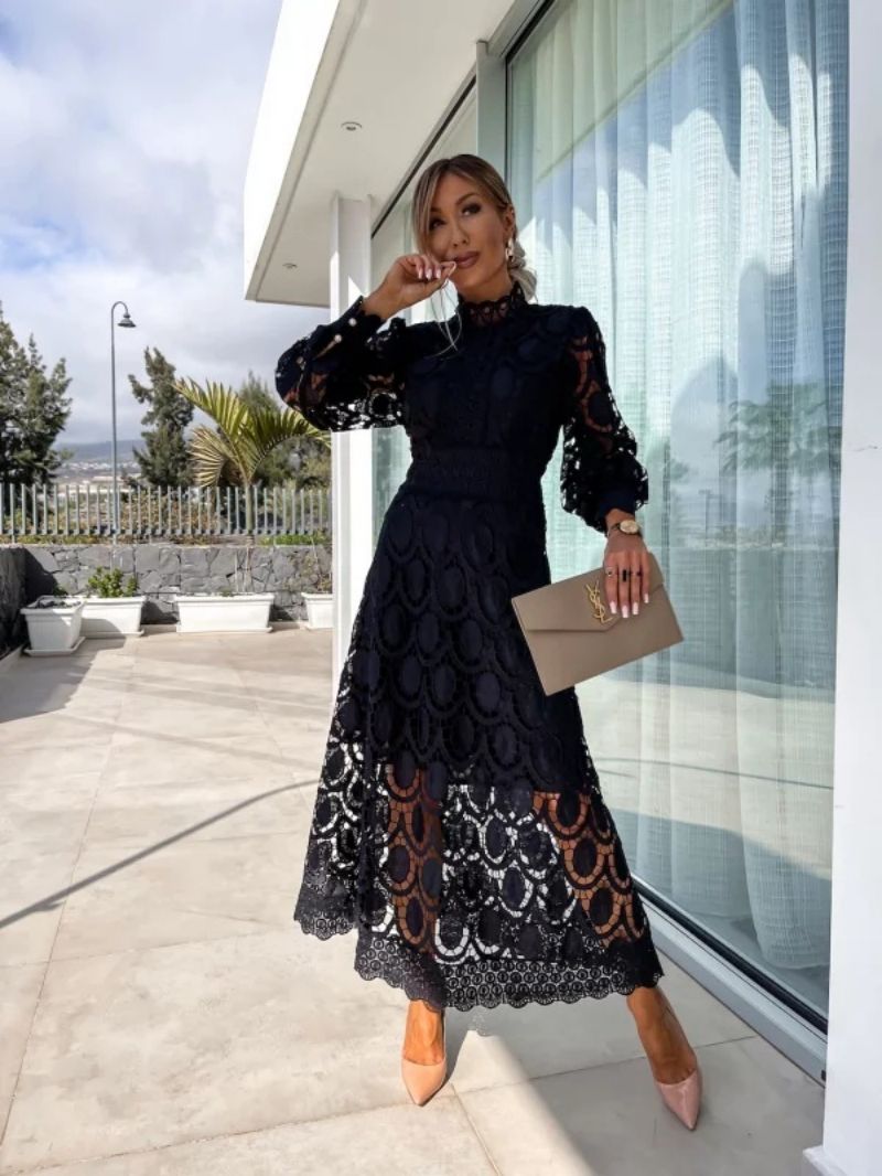 Women's High Neck Long Sleeve Lace Midi Dress with Scalloped Hem