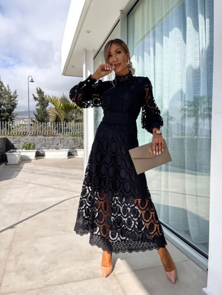 Women's High Neck Long Sleeve Lace Midi Dress with Scalloped Hem