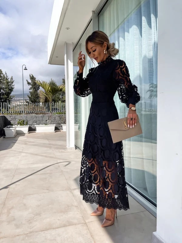 Women's High Neck Long Sleeve Lace Midi Dress with Scalloped Hem