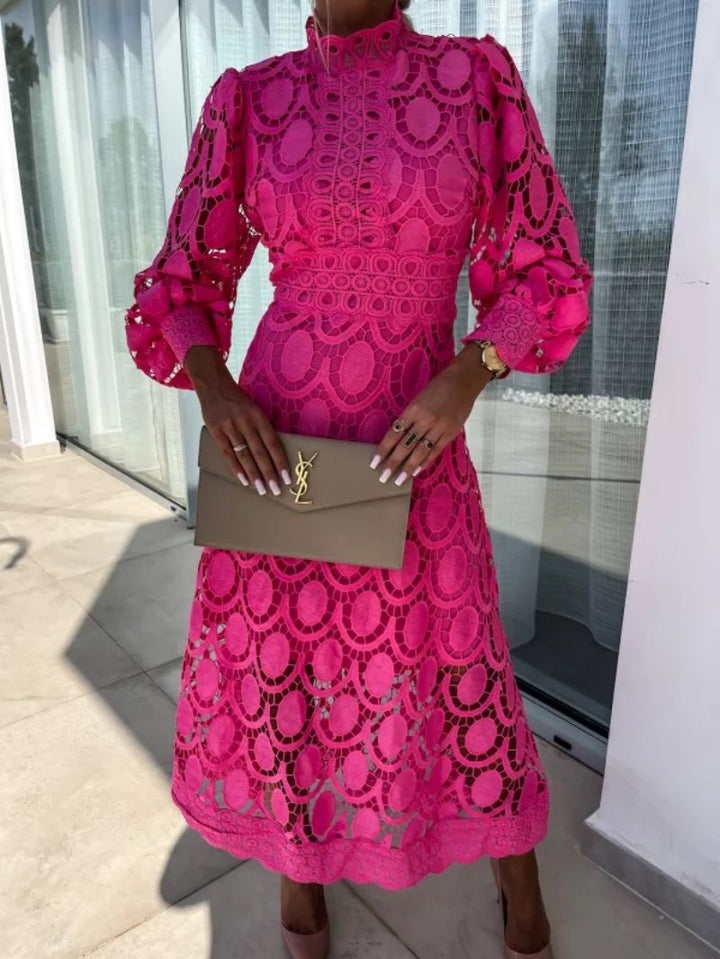 Women's High Neck Long Sleeve Lace Midi Dress with Scalloped Hem